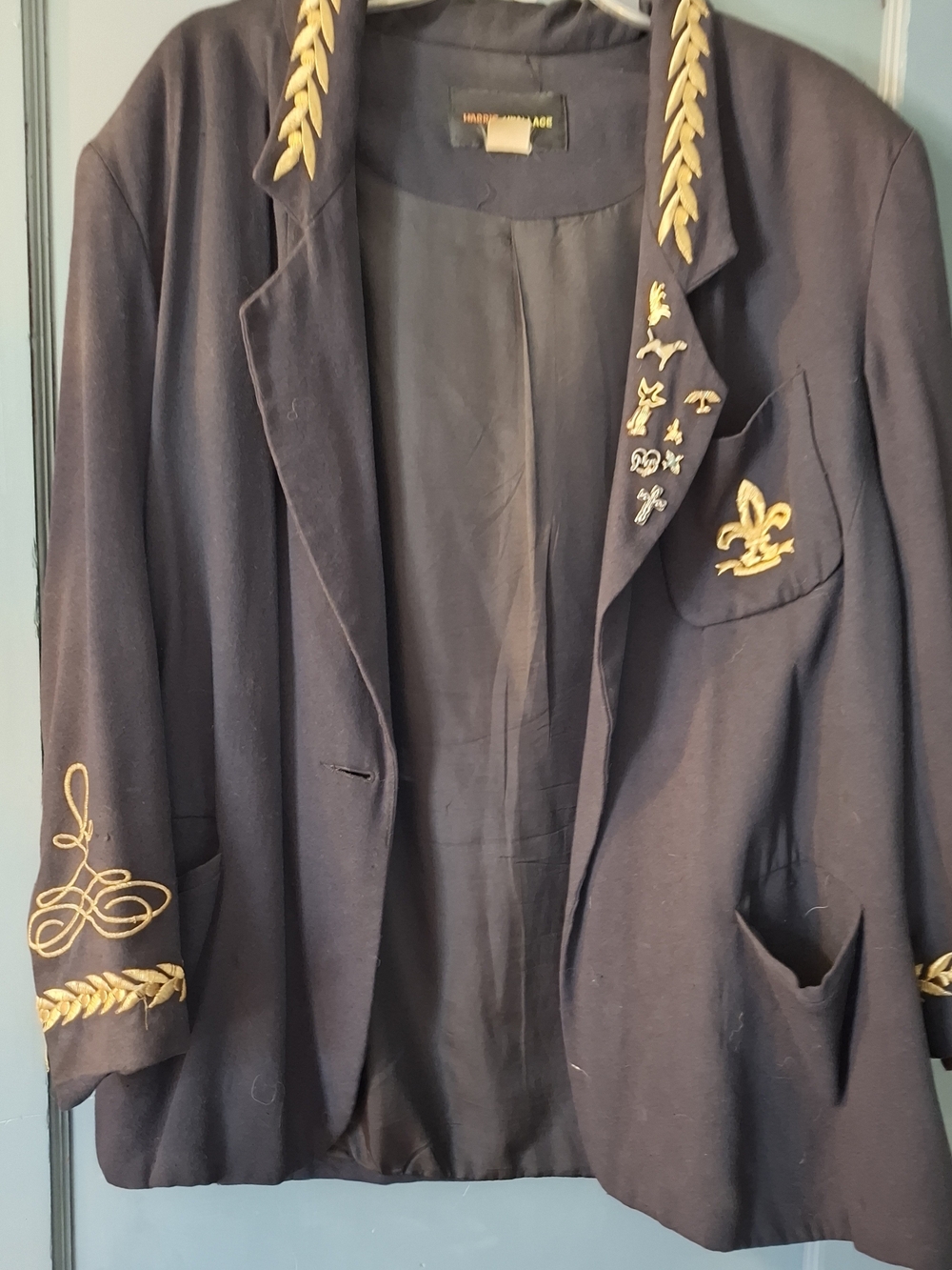 Navy Embroidered Blazer Jacket with Gold Motif Detailing